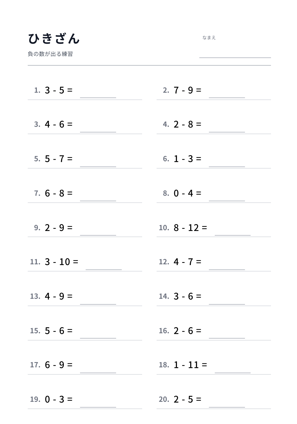 引き算プリントのサンプル